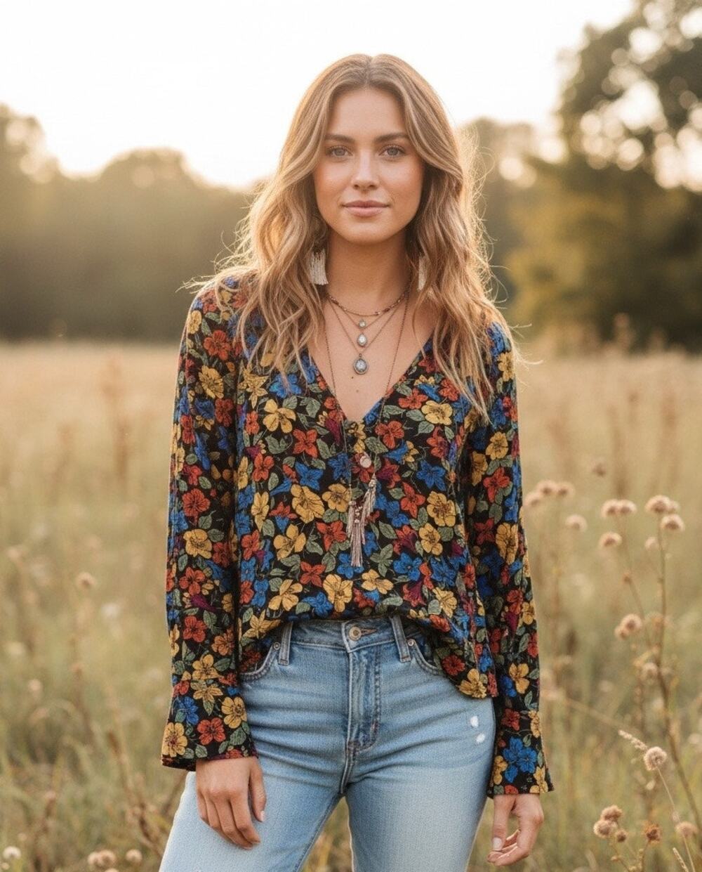 Mango Floral Button Front Blouse